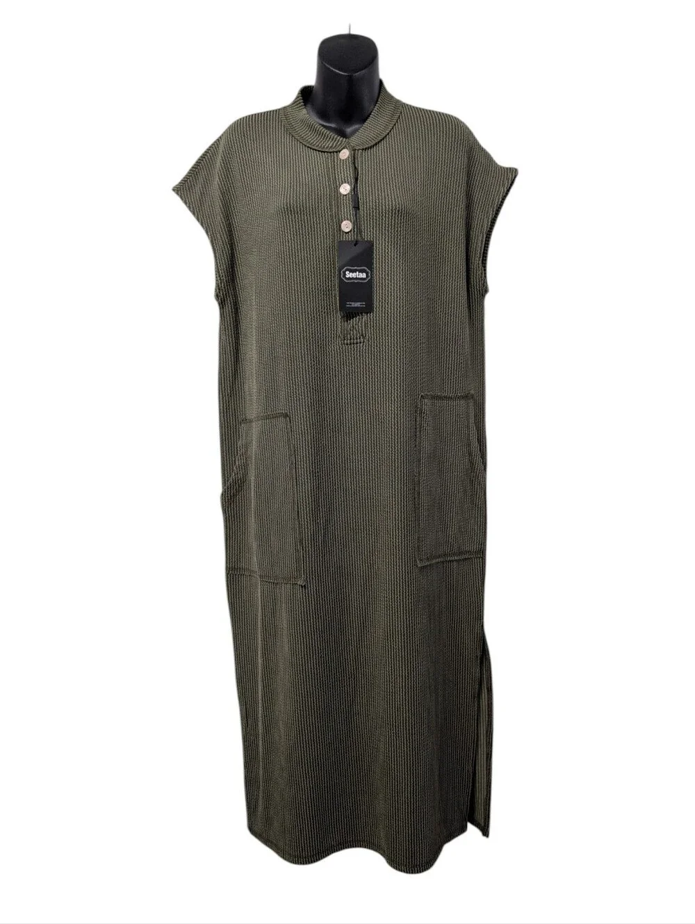 Seetaa Olive Green Ribbed Knit Midi Dress Large Pockets Side Slits Collared NWT - Picture 1 of 9